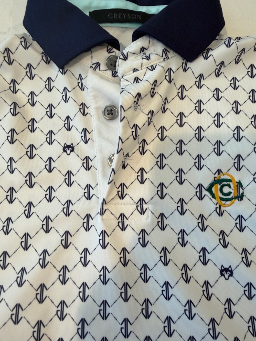 Greyson White Polo with Navy Geometric Pattern & Navy Collar - Picture 4 of 4